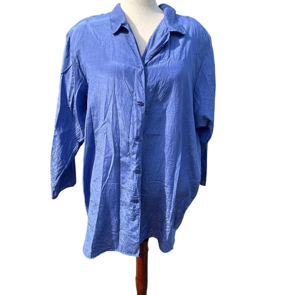 Normandy Tops - Vtg 90s Oversized Silk Blend Normandy Button Up Shirt Wms L Blue Coastal Retro